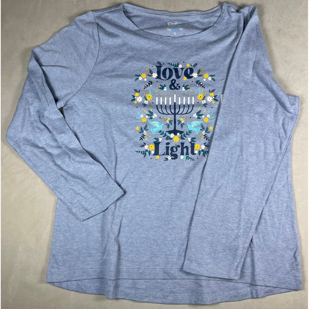 Croft & Barrow Hanukkah Love & Light Menorah Graphic Tee Heather Blue XL NEW